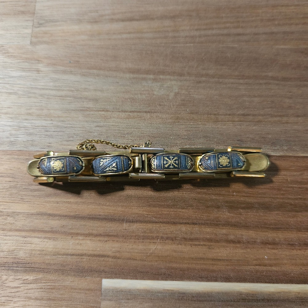 Vintage Spanish Damascene Link Bracelet Gold Tone Floral Bird Inlay Safety Chain